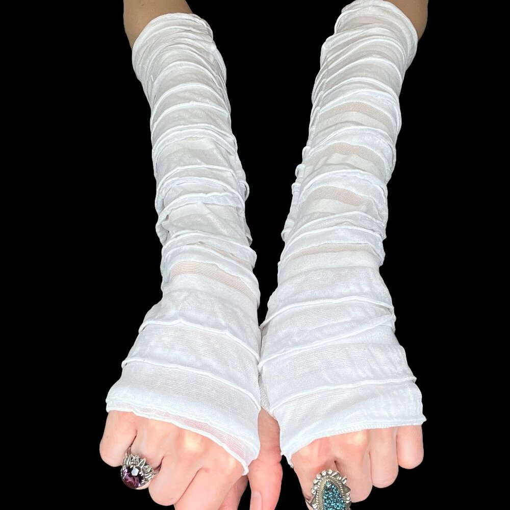 White Bandage Fingerless Gloves Ruffle Arm Warmers Straight Jacket  Bride Goth